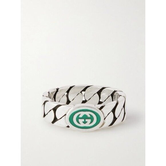 NEW GUCCI INTERLOCKING RING SILVER GG LOGO GREEN Chain Sz 17 IT 8 US Enamel - Picture 3 of 8